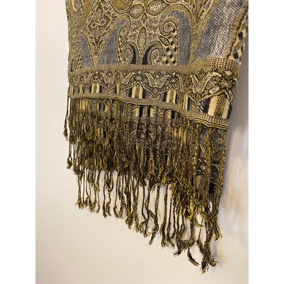 Paisley Pashmina Scarf/Wrap With Fringe - Gold, Black, Green & Cream - Picture 4 of 5